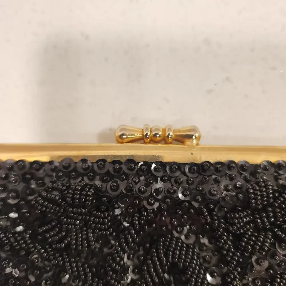 Vintage Black Beaded & Sequin  Gold Trim Small Clutch Purse-party- wedding